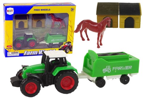 ZESTAW FARMA TRAKTOR PRZYCZEPA KOŃ STAJNIA 1:64