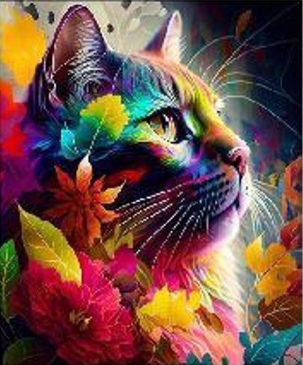 Diamentowa mozaika - Kot w kolorze, liściaste tło